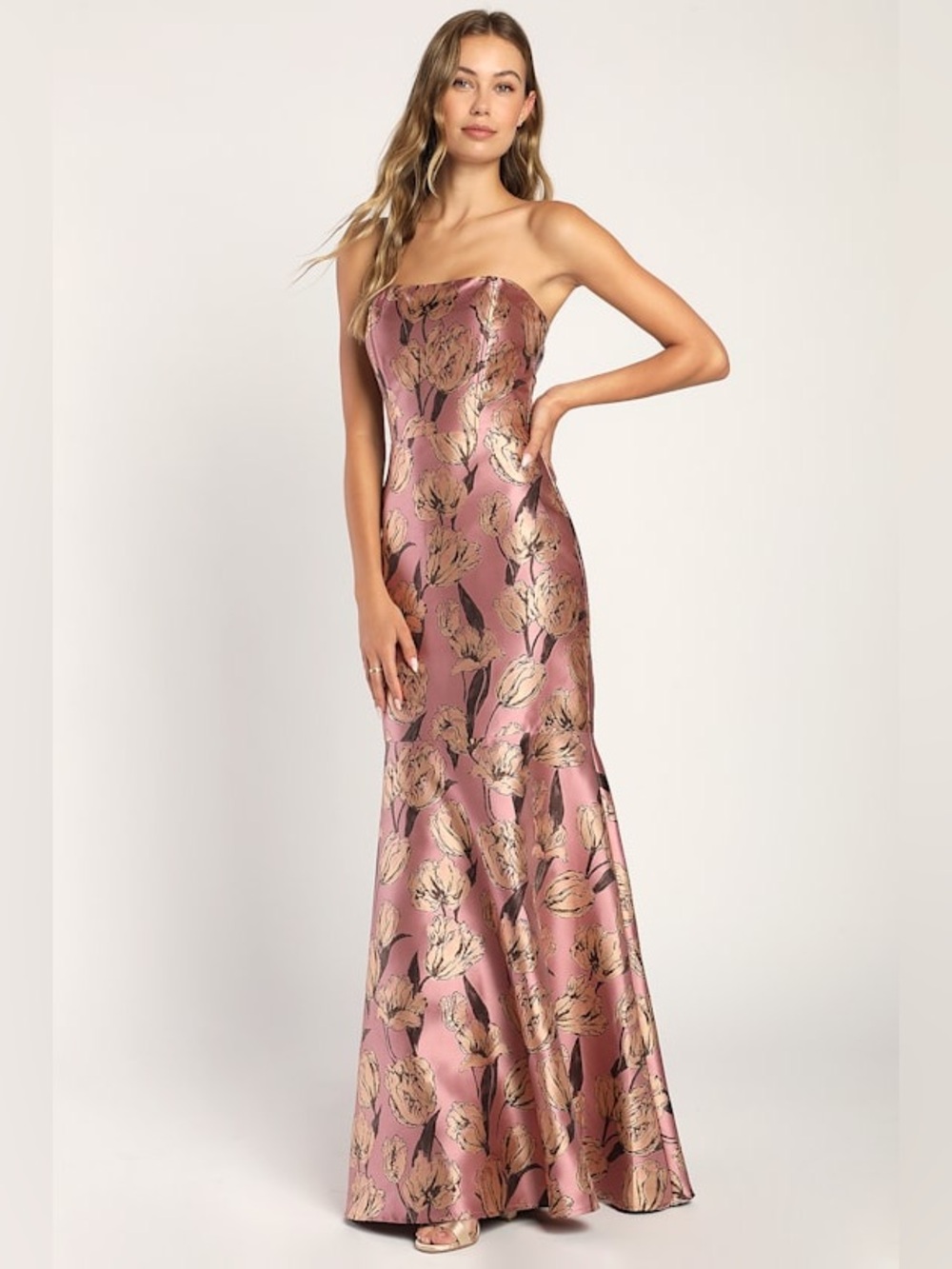 Lulus NWT Gowning Around Mauve Floral Jacquard Strapless Maxi Dress SZ XXS